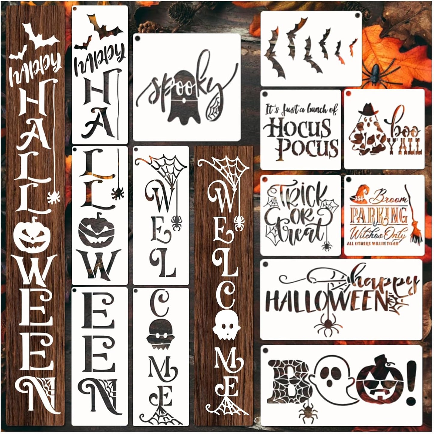 Halloween Stencils for Painting on Wood Door Sign Reusable Large Holiday Stencil for Crafts Canvas Wall Shirts Cookie Drawing Paint Decorating (Halloween Sign)