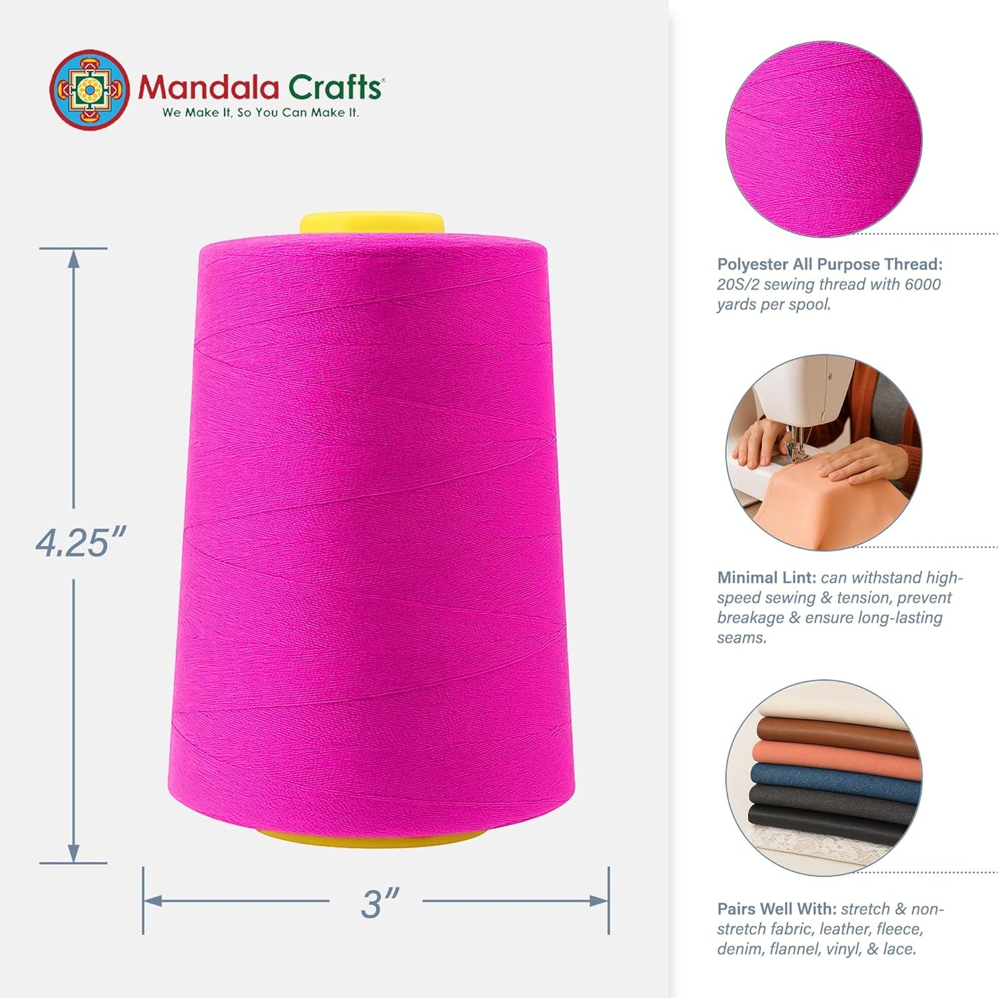 Mandala Crafts 4 Pack of Serger Threads Cones Spools - 20S/2 24000 Yards Polyester Fuchsia Threads for Sergers Machine and Overlock Quilting Sewing Machine