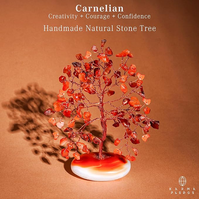 KARMAPLEDGE Crystal Tree of Life Home and Office Feng Shui Decor, Carnelian Healing Crystal Handmade Bonsai Tree for Positive Energy, Good Luck, Money, Christmas Decor, Birthday Gifts for Women, Mom