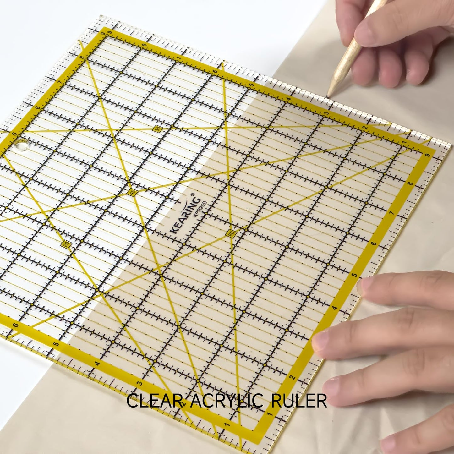 KERING Square Quilting Ruler - 9.5x9.5 inch Anti-Slip Acrylic Ruler for Patchwork Piecing, Bias Strips & Rotary Cutting, Professional Quilter's Tool with Dual-Angle Guide