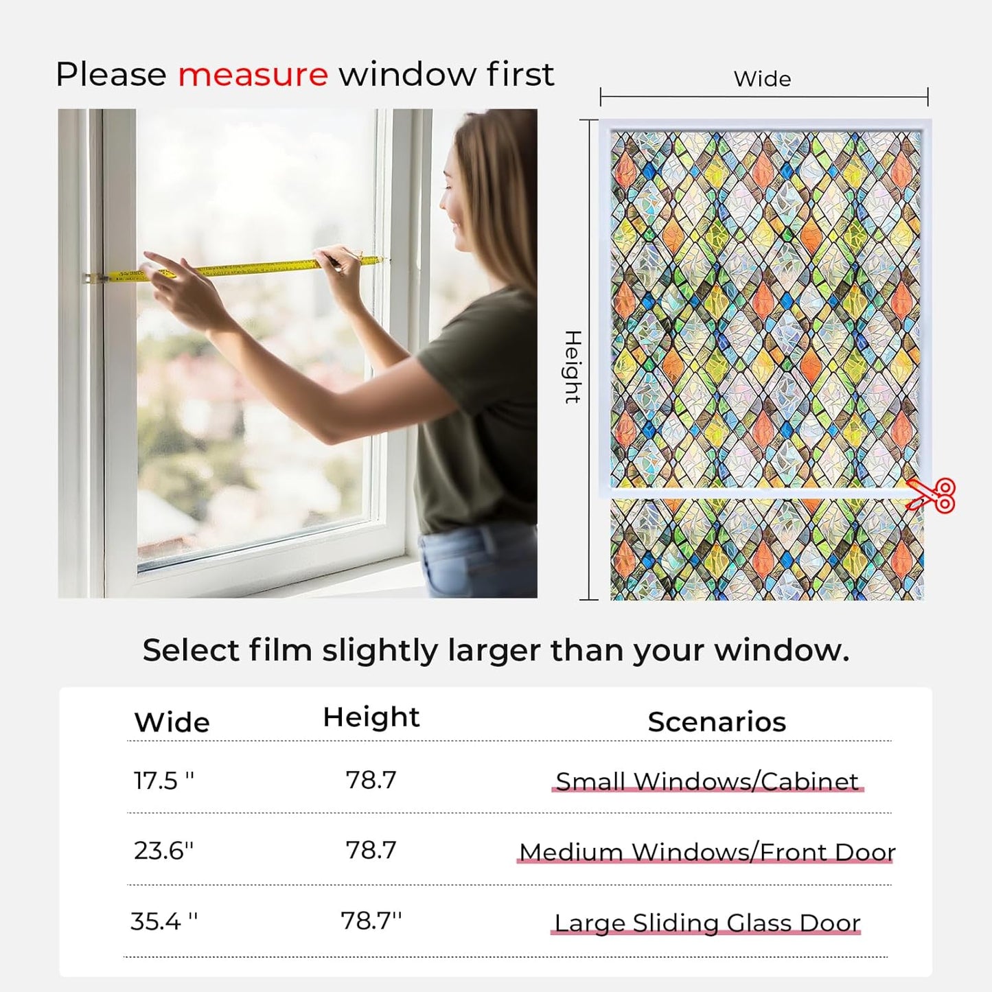 Window Privacy Film Rainbow Film Stained Glass 3D Static Cling Decorative Window Sticker for Bathroom,Front Door,Home Heat Control UV Blocking Non Adhesive,Diamond Grid 23.6 x 78.7inches