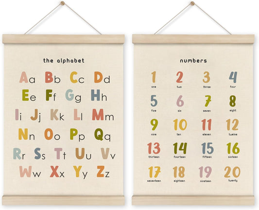 HRQKO Alphabet Numbers Poster Hanger Frame Set of 2, Nursery Wall Decor, Boho ABC Poster Wall Art with Wooden Frames, Cute Alphabet Banner Wall Hanging Decor for Toddlers Room Playroom, 12x16 Inch