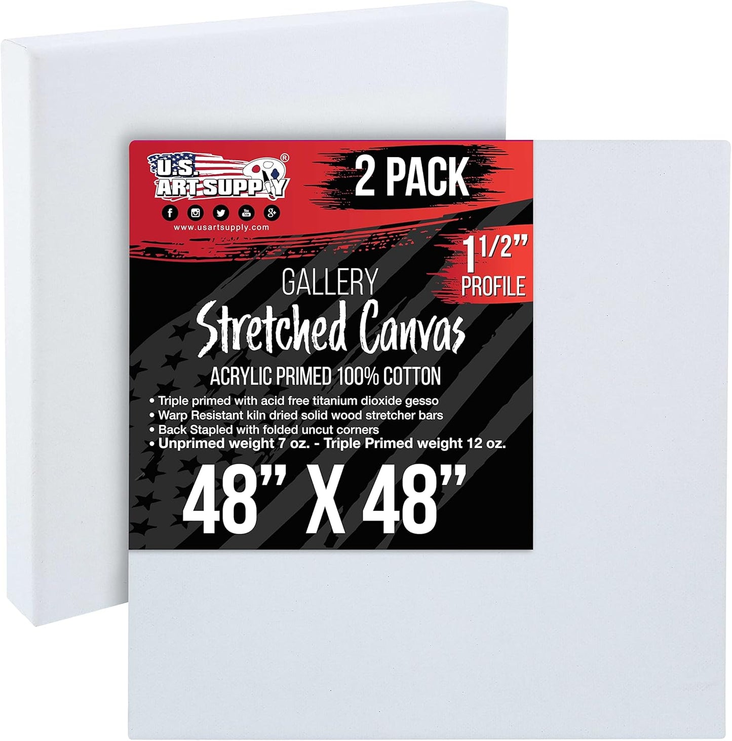 U.S. Art Supply X-Large Stretched Canvas for Painting 48x48 inch Gallery Depth 1-1/2" Thick, 2-Pack - 12oz Acrylic Gesso Triple Primed, Professional Artist Quality, 100% Cotton - Oil, Pouring Paint