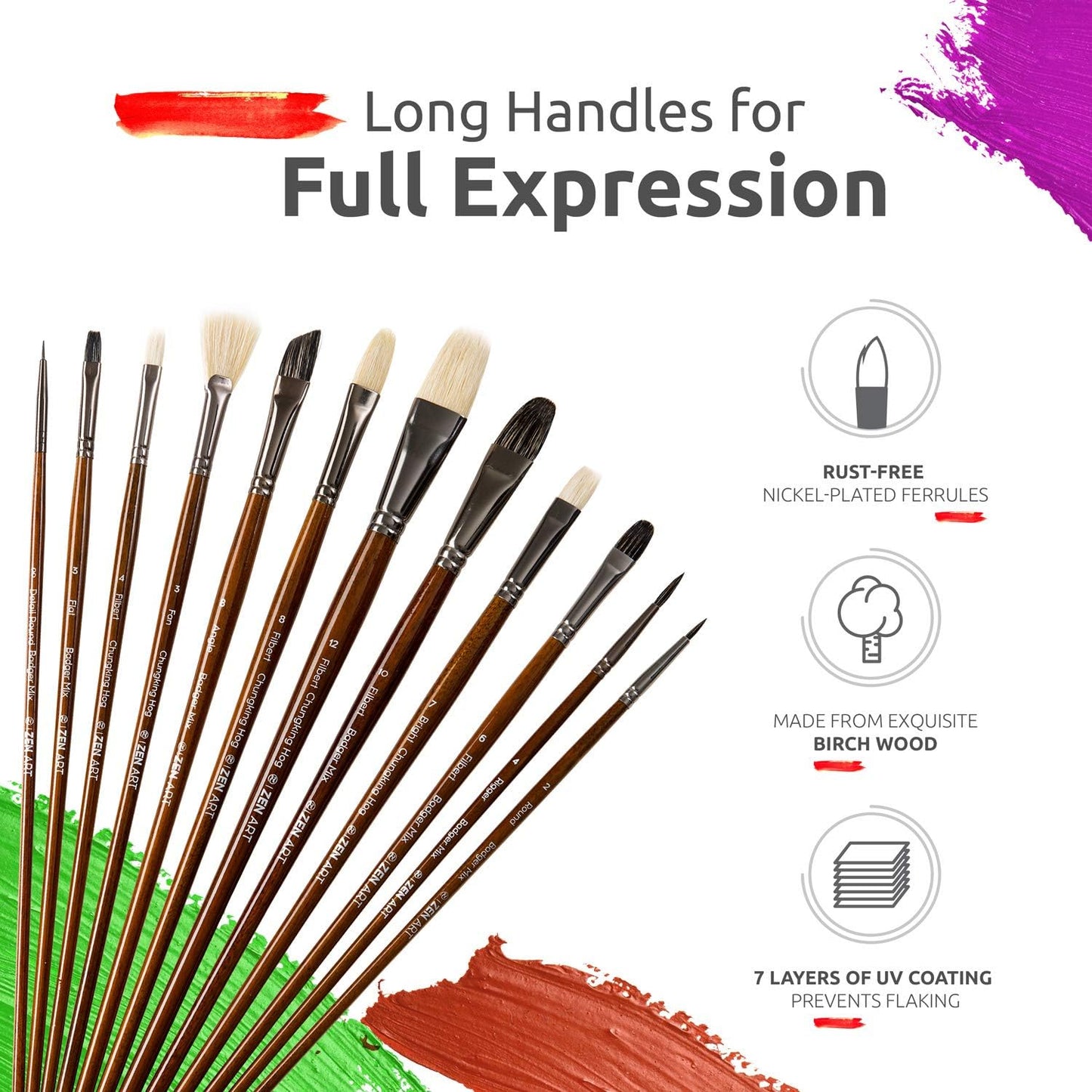 ZenART Oil & Acrylic Paint Brushes – 14pc Professional Set of Chungking Hog, & Badger/Japanese Synthetic Bristles incl Filbert, Flat, Rigger & more – Travel Pouch, Long Birchwood Handles, No Shedding