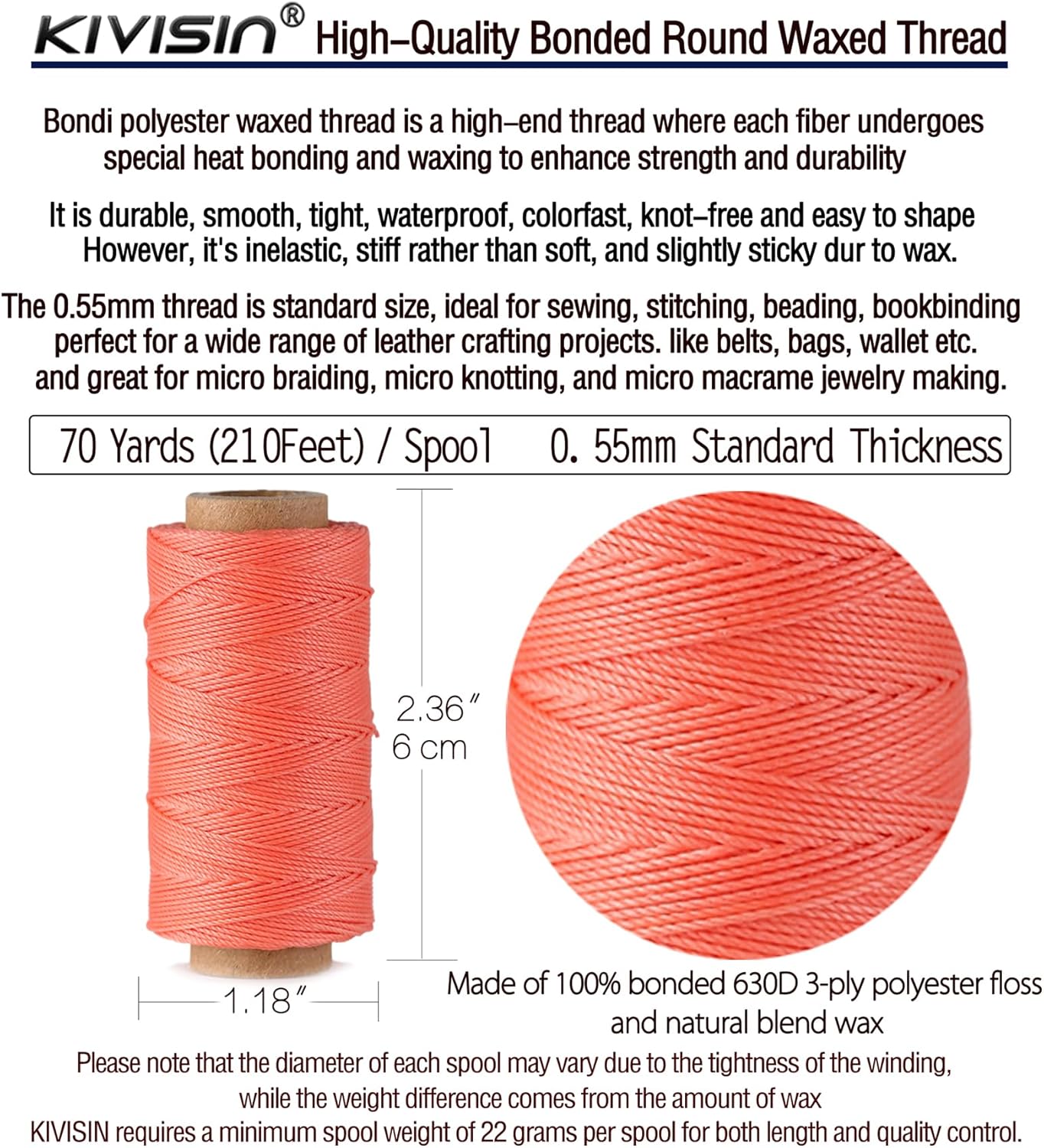 10-Year Popular Assorted Colors Round Waxed Thread -0.55mm 70 Yards 12 Spools Stiff Polyester Wax Cord for Beading, Leather Sewing, Bookbinding, Bracelets Braiding, Micro Macrame Craft Making