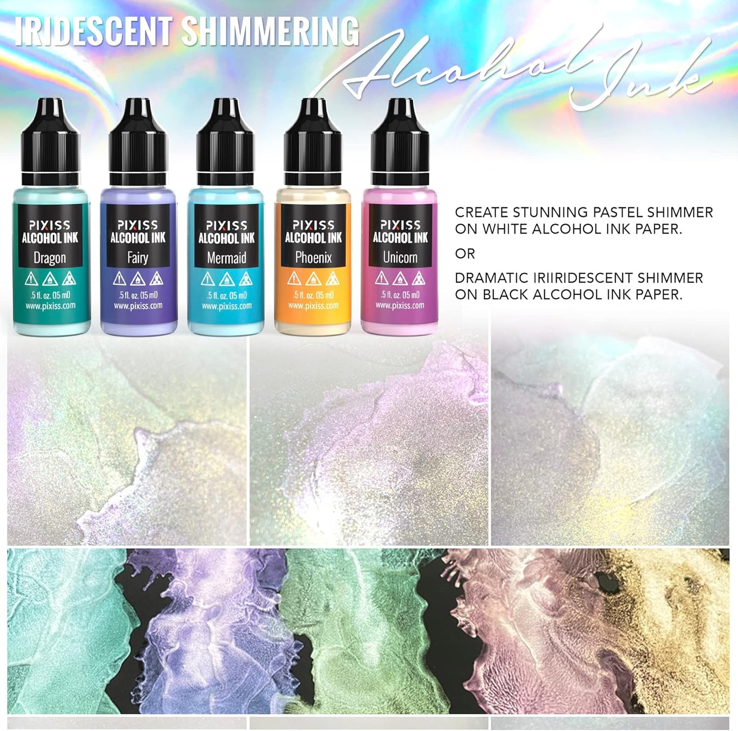 Pixiss Iridescent Color Changing Alcohol Ink Set - 5 Shades of Alcohol Ink for Epoxy Resin Supplies, Yupo Paper, Tumblers, Coasters - Resin Colorant for Epoxy Resin and Resin Art Supplies