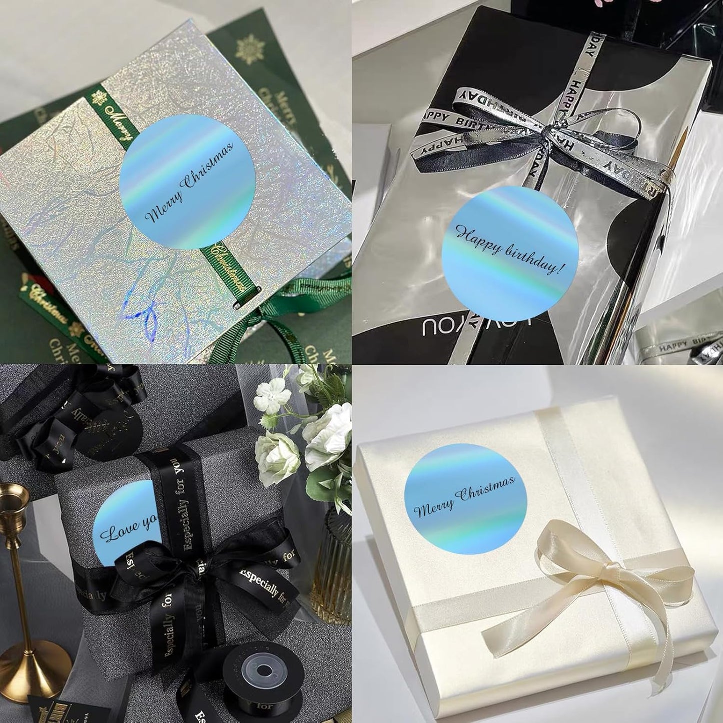 3" Holographic Direct Thermal Label Stickers, Round Printable Rainbow Glitter Thermal Printer Sticker Labels for Gift Wrapping, Self-Adhesive DIY Custom Logo Design- Holographic Blue