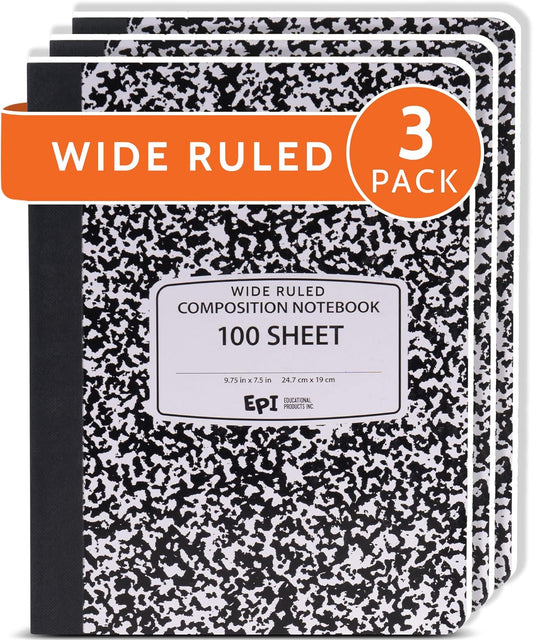EPI Marble Hardcover Wide Ruled Composition Notebook | 200 Pages (100 Sheets), 9.75 x 7.5 in, Sturdy Sewn Binding | School, Office, Journaling, Notes - 3 Pack