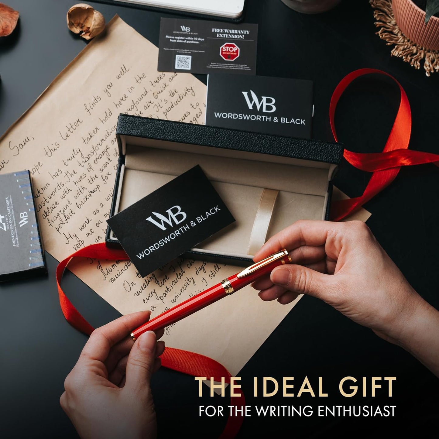 Wordsworth & Black Fountain Pen Set, Medium Nib, Includes 24 Ink Cartridges and Ink Refill Converter, Gift Case, Journaling, Calligraphy, Smooth Writing Pens [Crimson Red], Perfect for Men and Women