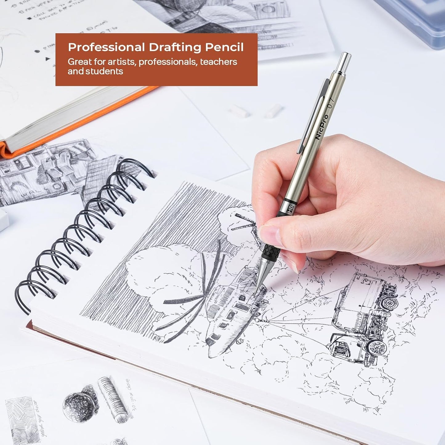 Nicpro 0.7 mm Art Mechanical Pencils Set, 6 PCS Metal Drafting Pencil 0.7mm Tube HB Lead Refills & 18 Cap Eraser for Adults, Children, Artist Writing, Drawing, Sketching, Black