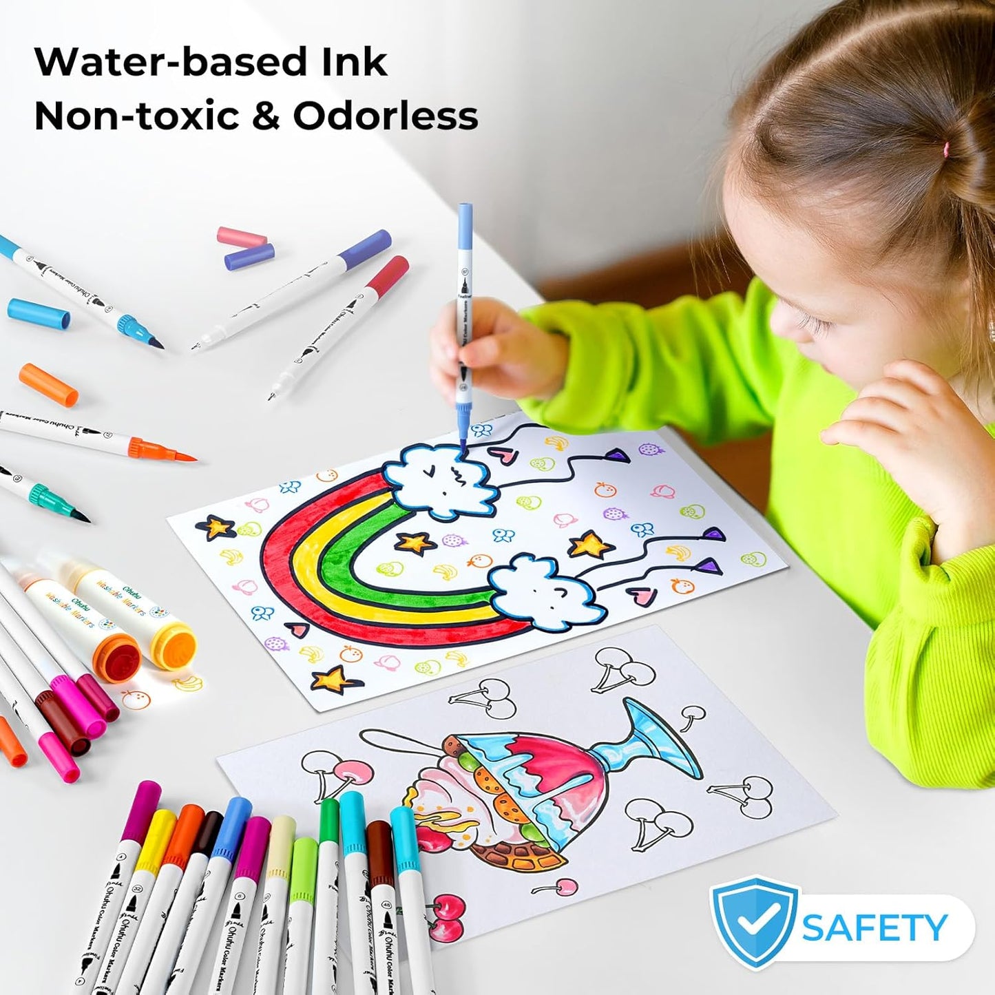 Ohuhu Markers for Adult Coloring Books No Bleeding 100 Colors Water-based Dual Tips Fineliner & Brush Coloring Markers for Kids Adults Beginners Drawing Pens for Journaling Lettering - Maui - White