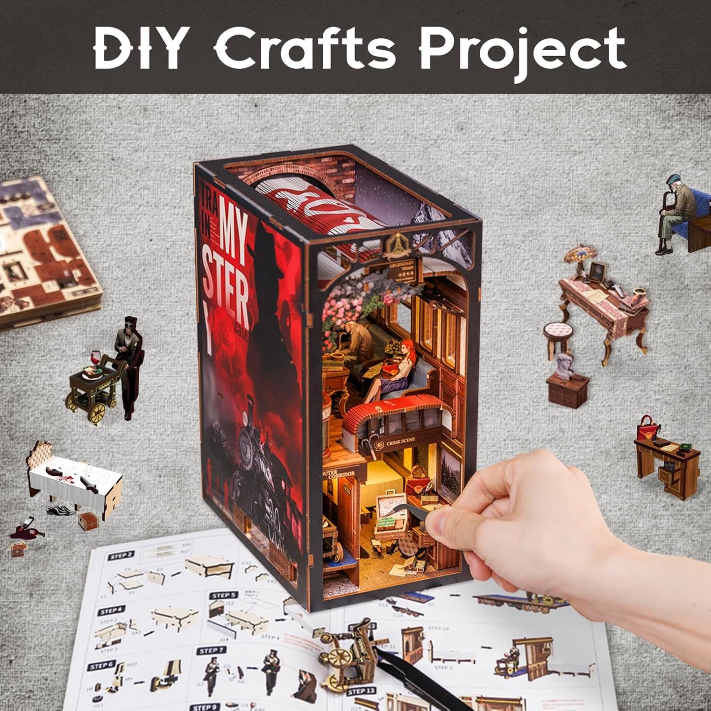 Fsolis Book Nook Kit, DIY Miniature Room House Kit for Adult Decorative Bookend Bookshelf Bookcase Nook Decor Gifts for Women Teens and Book Lovers(Train Mystery Case)