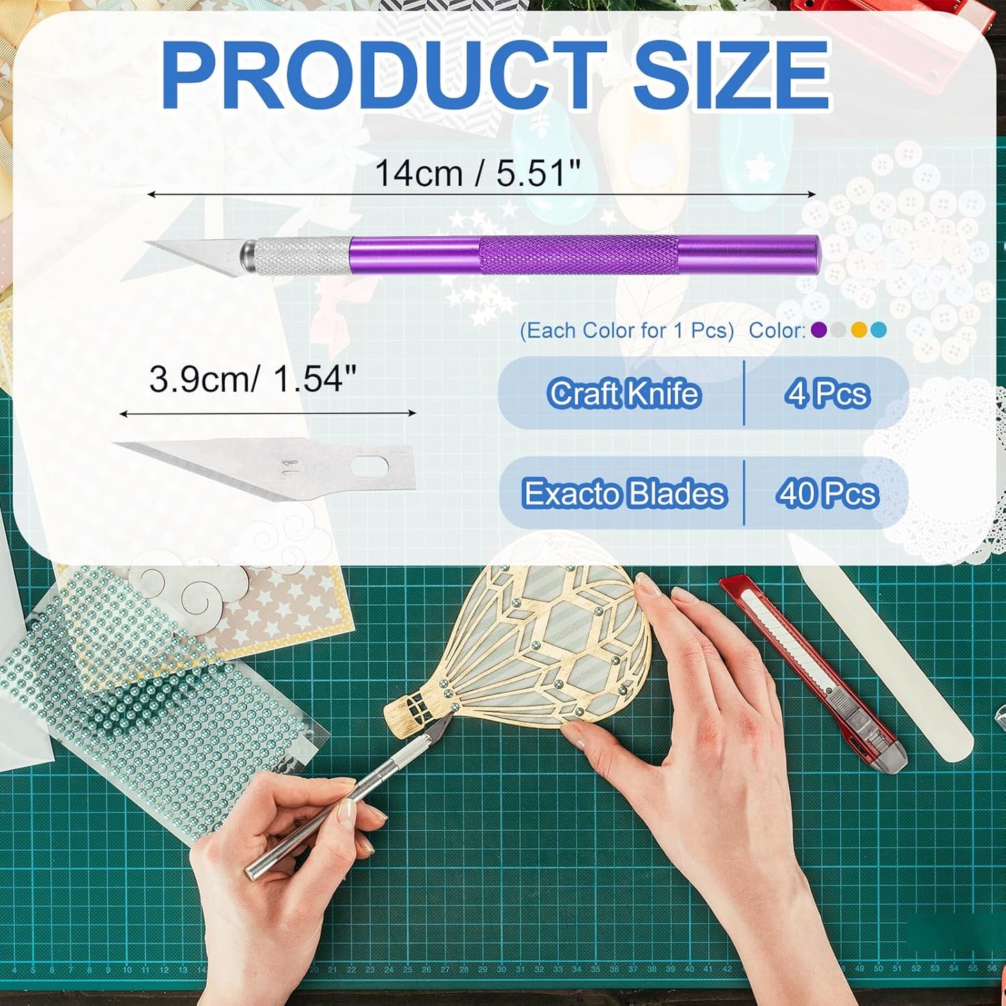 MECCANIXITY 4 Pcs Exacto Knife, Craft Hobby Knife with 40 Exacto Blades(#11) Profession Craft Knives for Crafting, Modeling, Scrapbooking (Purple, Gold, Blue, Silvery)
