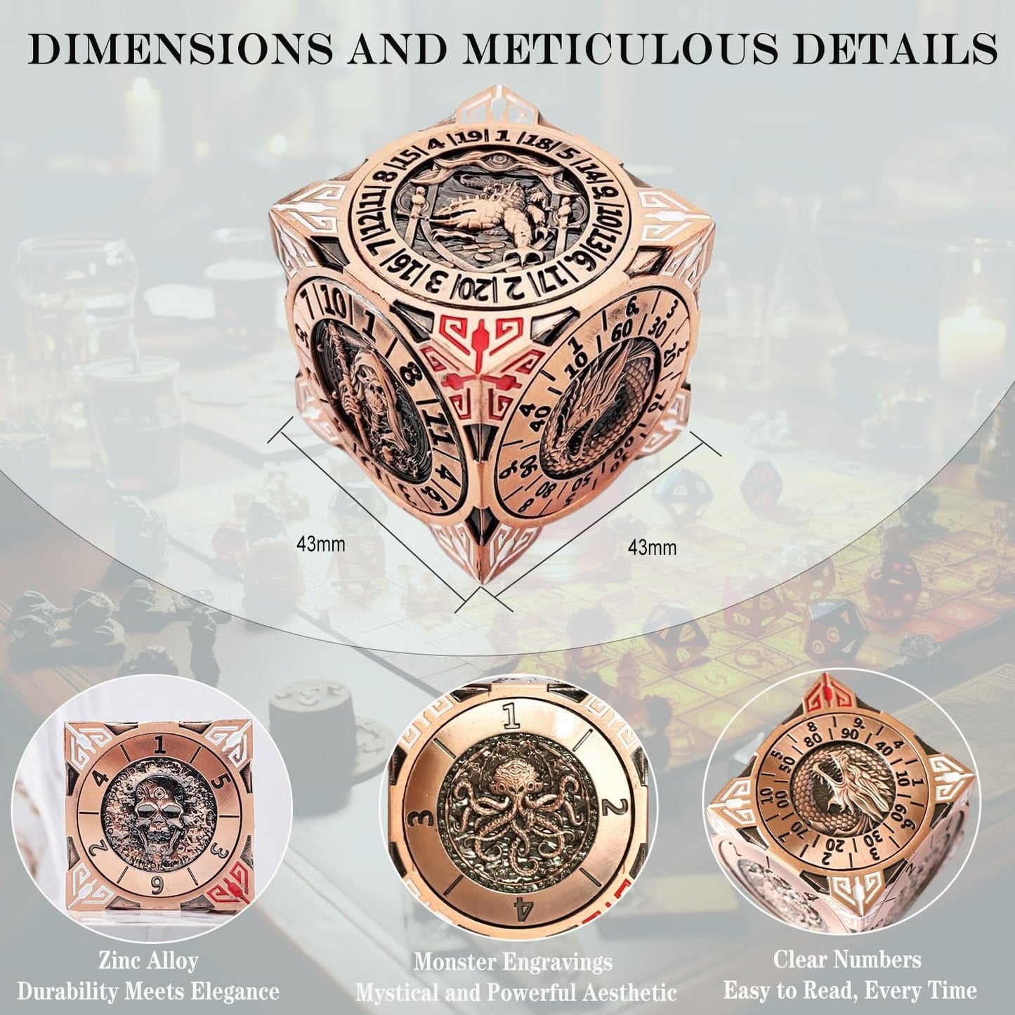 6 Sided Spinner DND Dice - Metal D4 D6 D8 D10 D10% D12 D20 All in One D&D Set - Cool Role Playing Gifts for Dungeons and Dragons TRPG MTG Games Lover Players Red Copper