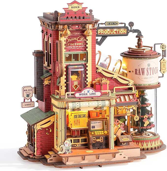 ROKR 3D Puzzle for Adults Christmas Dream Gift Factory Wooden Model Kit Luminous Factory DIY Dollhouse Kit Building with Music, Lights and 5 Elves for Adults