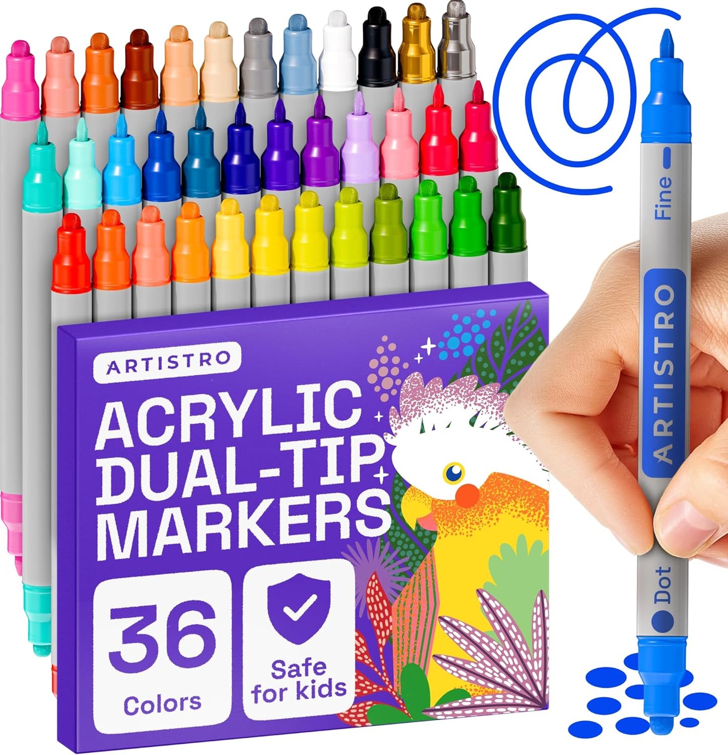 ARTISTRO Vibrant Acrylic Paint Markers for Rock, Fabric, Glass, Wood, Paper, Ceramic, Canvas & More - 36 Dual-Tip Paint Pens (Dot & Fine) - Quick Dry, Teacher Classrooms Must Have, Drawing Markers