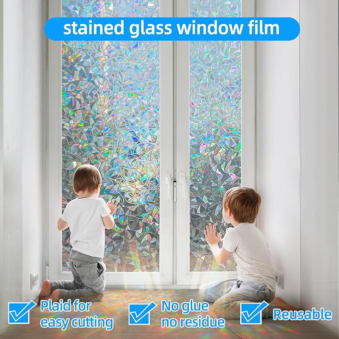 COUNTEWOLRainbow Window Privacy Film, Window Clings, 3D Decorative Vinyl, Stained Glass Decals, Static Cling Sticker Non-Adhesive (Rainbow, 35.4 x 78.7 Inch)