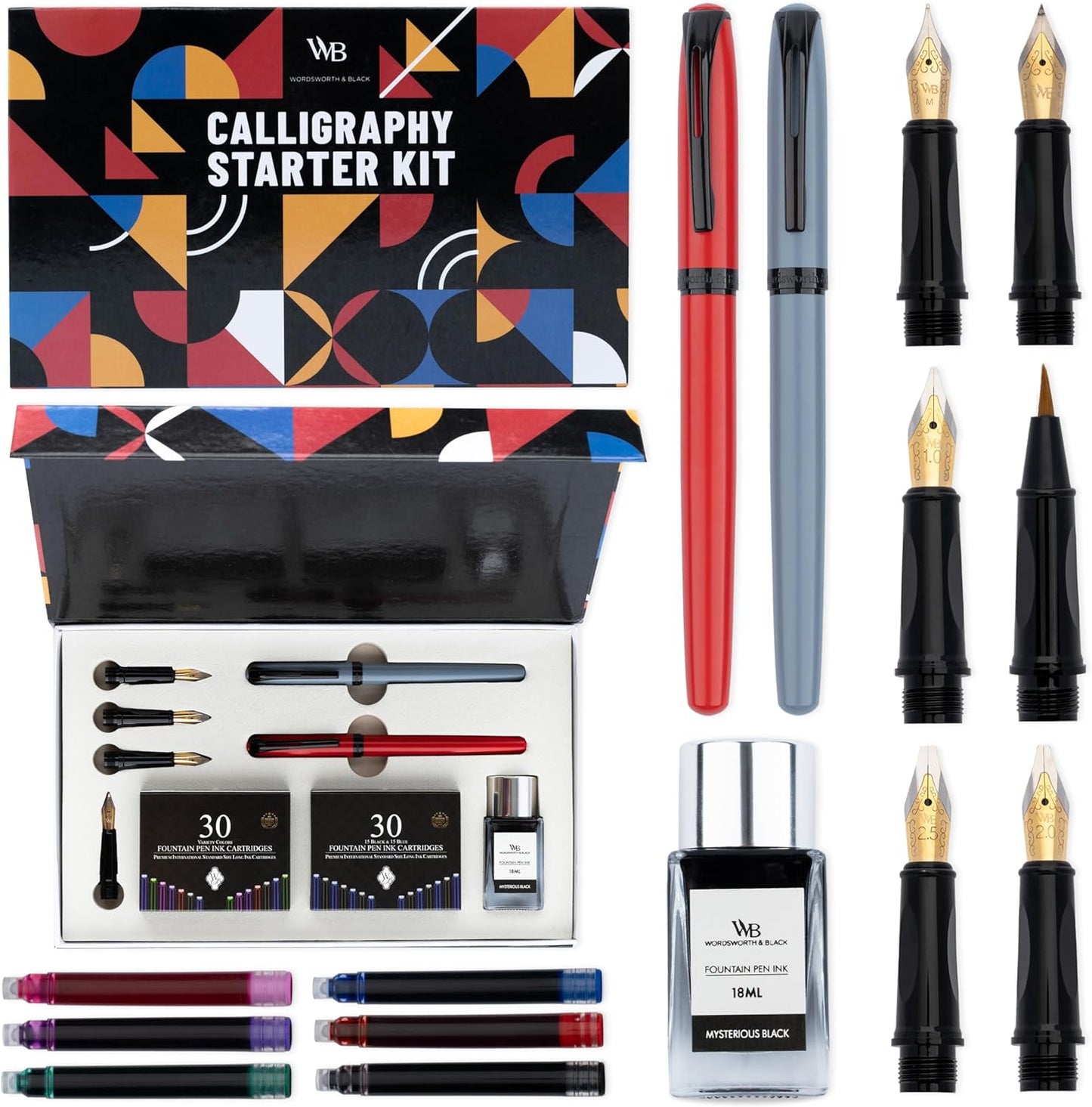 Wordsworth and Black Calligraphy Pen Set - Grey - Includes 2 Calligraphy Pens, 18 ML Ink Bottle, 60 Ink Cartridges, Ink Refill Converter, 1 Medium and 4 Broad Nibs, Brush Pen