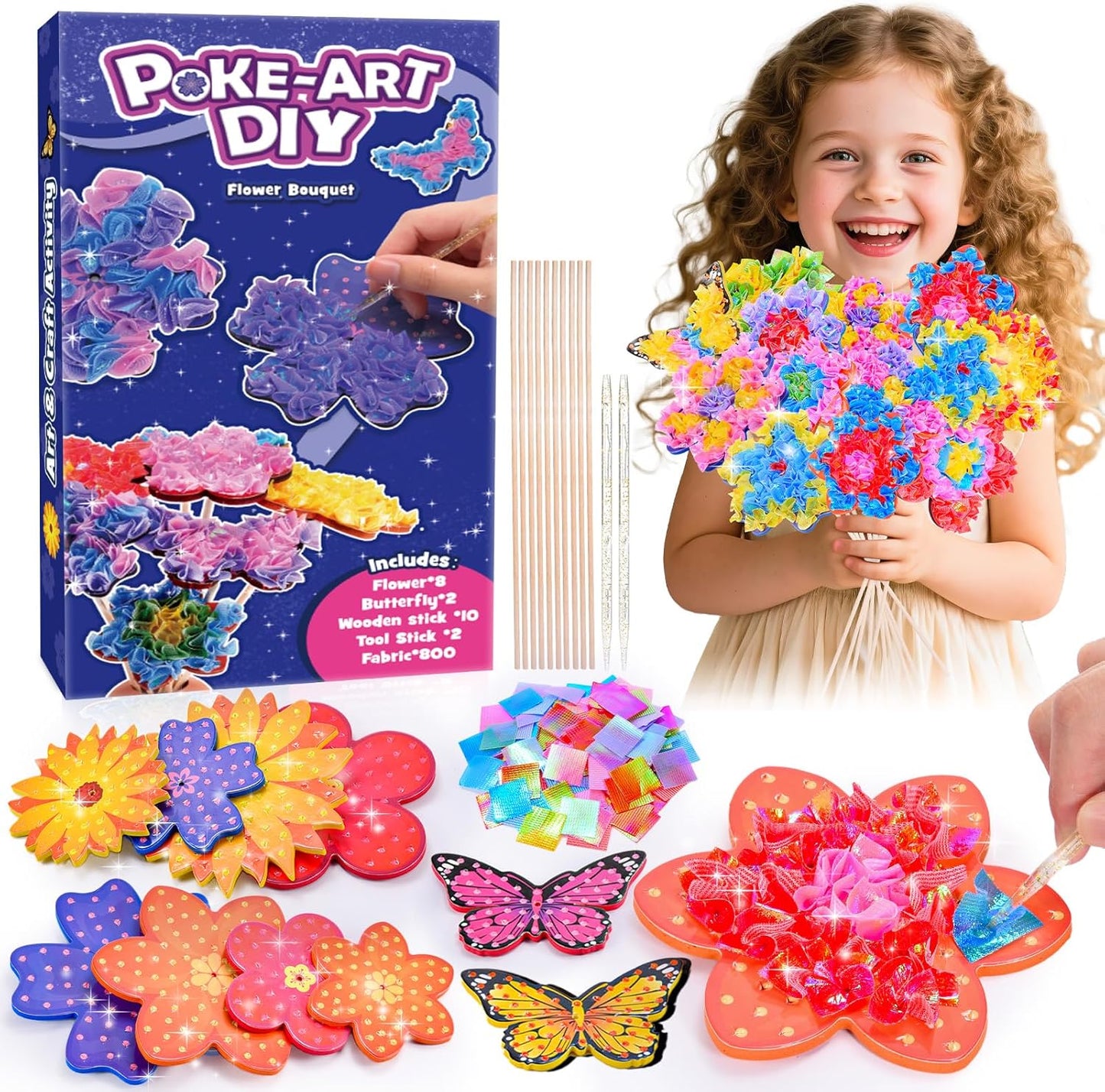 Arts and Crafts for Girls Ages 4-12, Poke Art Flower Bouquet with 8 Flowers & 2 Butterflies DIY Creative Activity Mess-Free Fun for Kid Party Favors Birthday Christmas Gifts for 4-12 Year Old Girls
