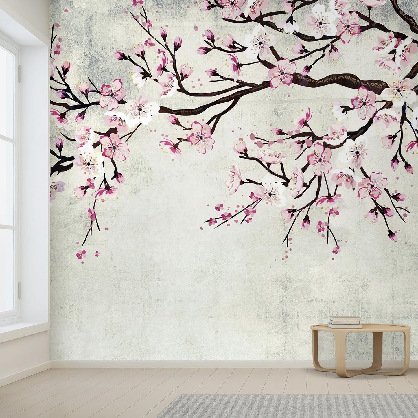 wall26 Wall Sticker/Wall Mural Watercolor Style Ink Painting Pink Cherry Blossom on Vintage, Not Peel and Stick, Non-Woven Wallpaper Decorative for Bedroom, Living Room, Office - 132x168 inches