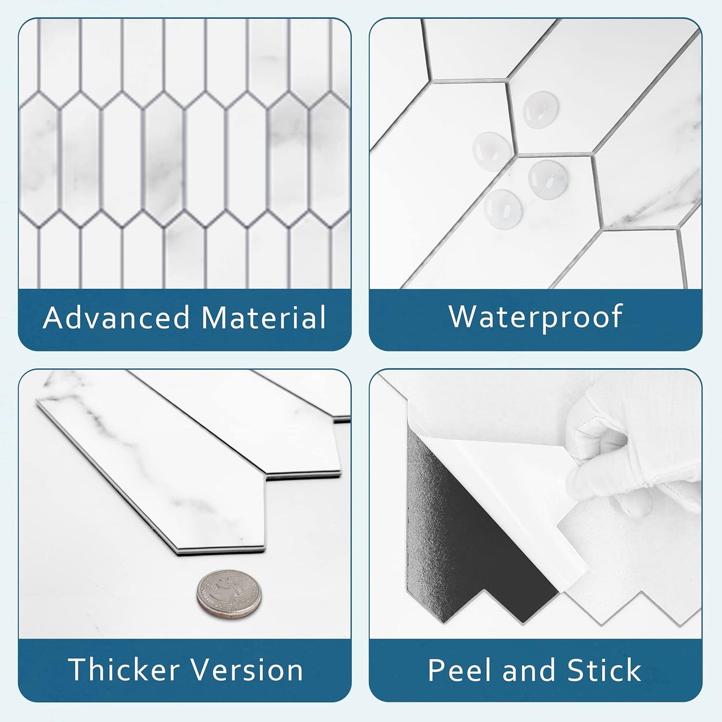 SUNWINGS Backsplash Tile for Kitchen Peel and Stick, Stone Composite Self Adhesive Tiles Faux Marble Pattern Long Hexagon Mosaic Wall Tile for Kitchen, 12 Inch x 11.22 Inch 10 Sheets White Marble