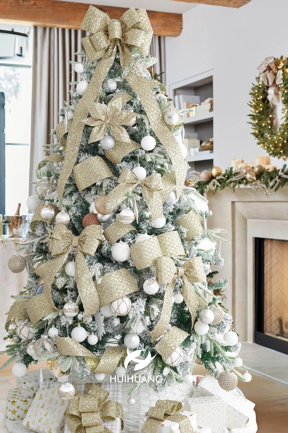 HUIHUANG Champagne Gold Christmas Ribbon 4 inch Glitter Wired Ribbon Diamond Mesh Wire Ribbon for X-mas Tree Decorations, Wreaths, Garland, Large Bows Making, Wedding Decor -10 Yards