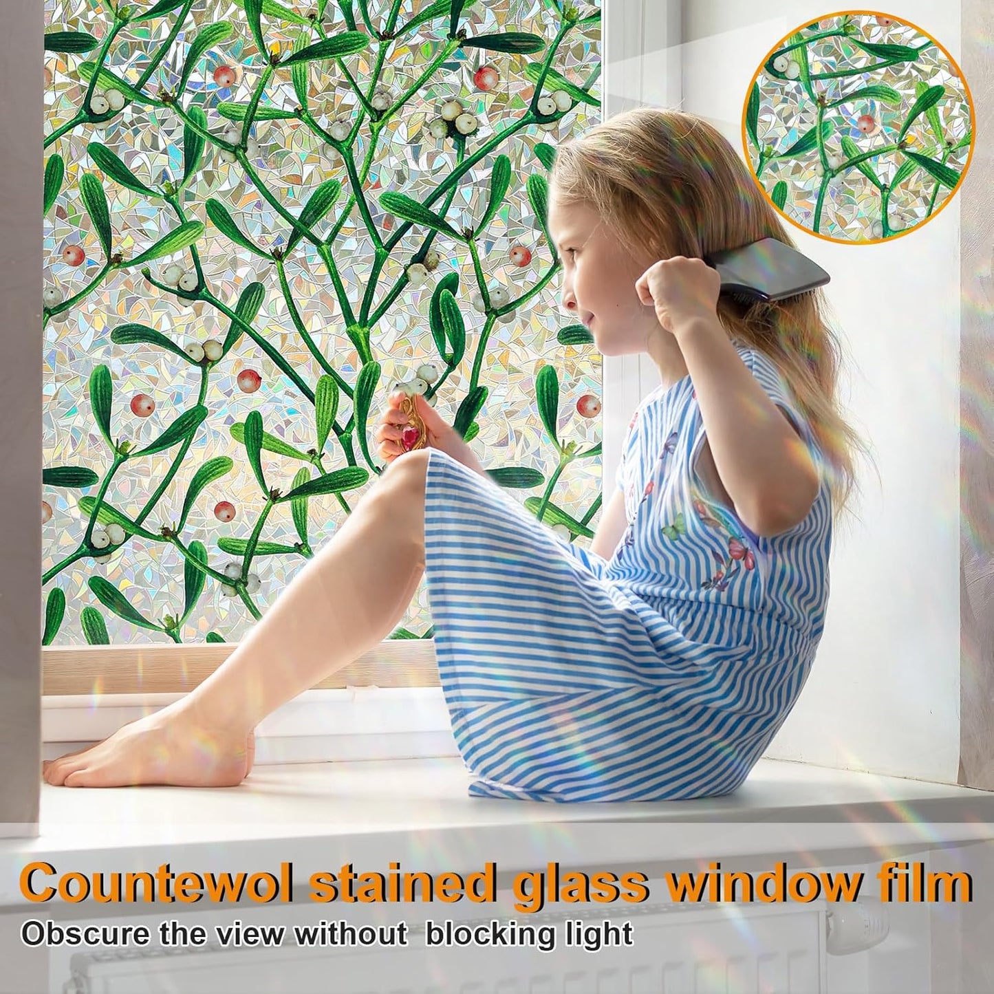 Window Privacy Film Stain Glass Window Film Rainbow Window Film Window clings Non-Adhesive Reusable Decorative for Room (Mistletoe Rainbow, 45.2 x 78.7 in)