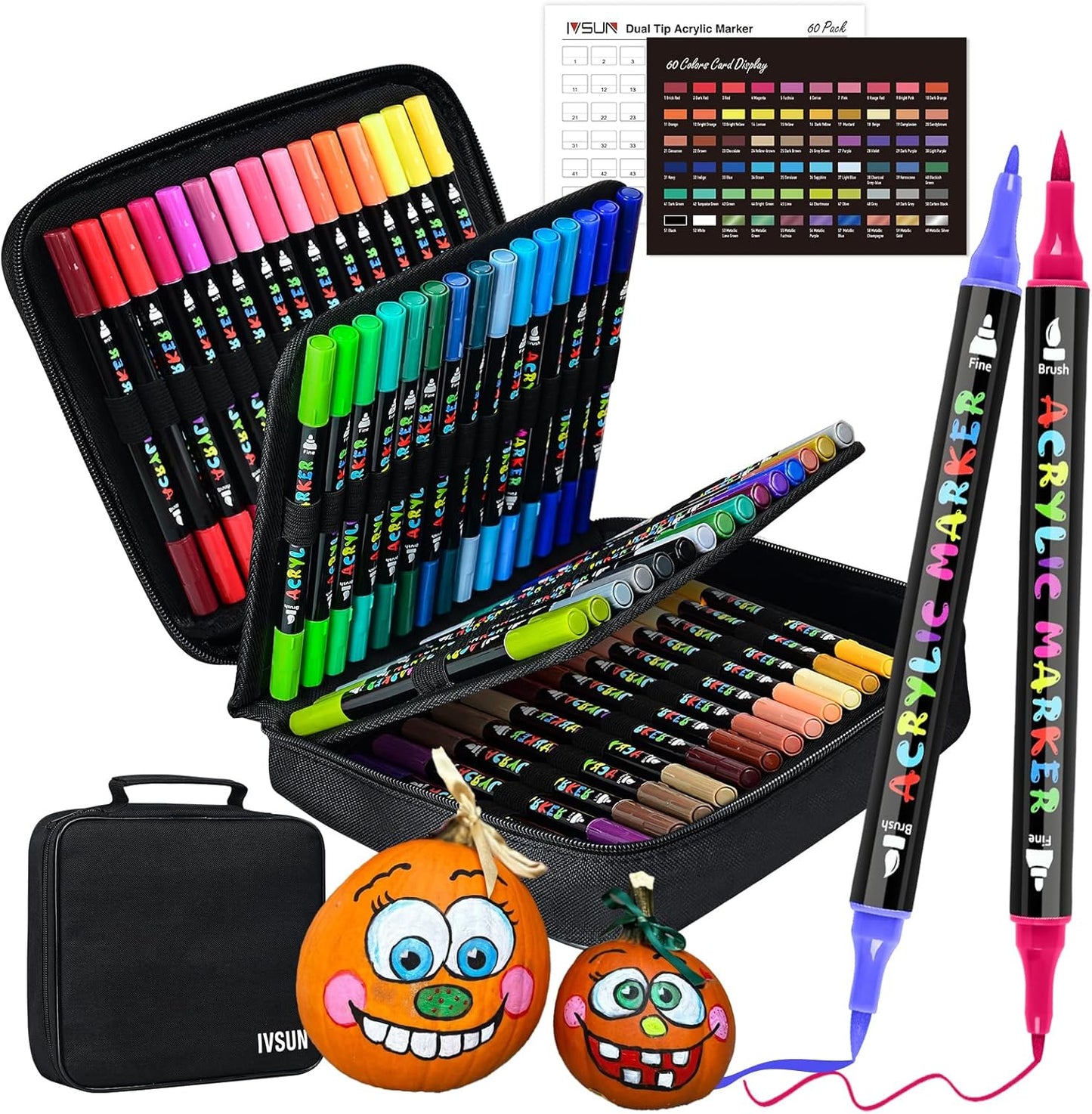 IVSUN Acrylic Paint Pens, 60 Colors Dual Tip Paint Markers with Fine Tip and Brush Tip for Stone, Wood, Canvas, Calligraphy, Ceramic, Metal, Glass, Rock Painting, DIY Crafts Art Supplies Kit