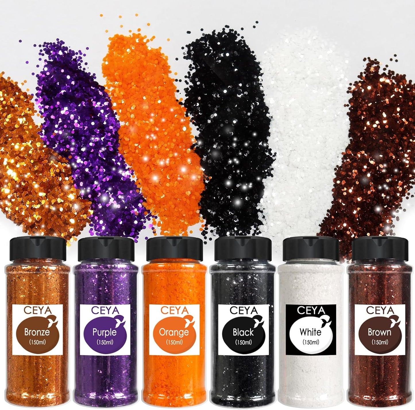 Ceya Bulk Chunky Glitter 6 Colors,4.23OZ Fall Crafts Helloween Glitter,1/24”for Pumpkin,Snowglobe Tumbler,Nail,School Classroom Art,DIY Craft Slime Poster Card,Orange,Purple,Black,White,Bronze,Brown