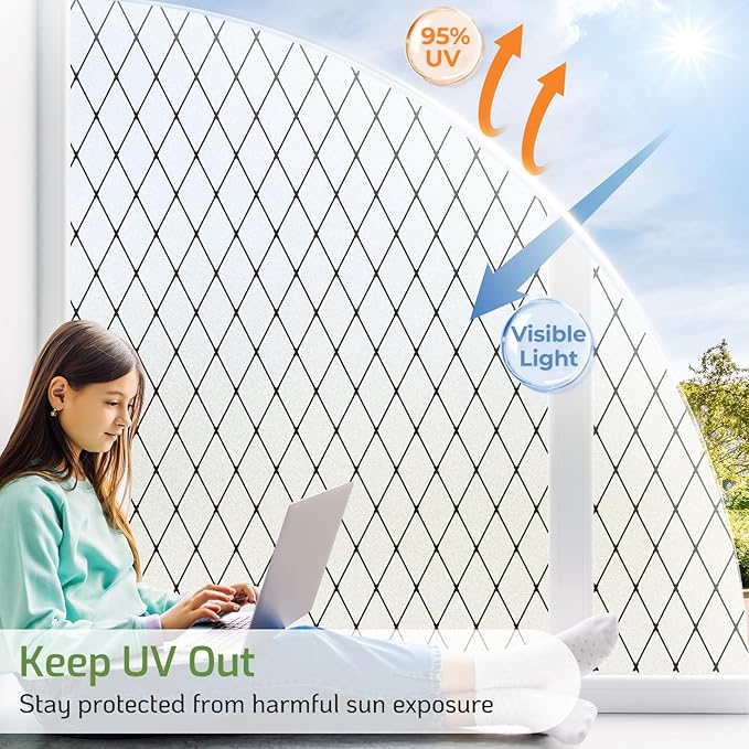 LUTE Frosted Window Privacy Film, Static Cling UV Sun Blocking Heat Control Window Cover, Removable Non-Adhesive Glass Sticker Vinyl Decorative Bathroom Frosting Decals, Black Lattice, 17.5" x 157.4"