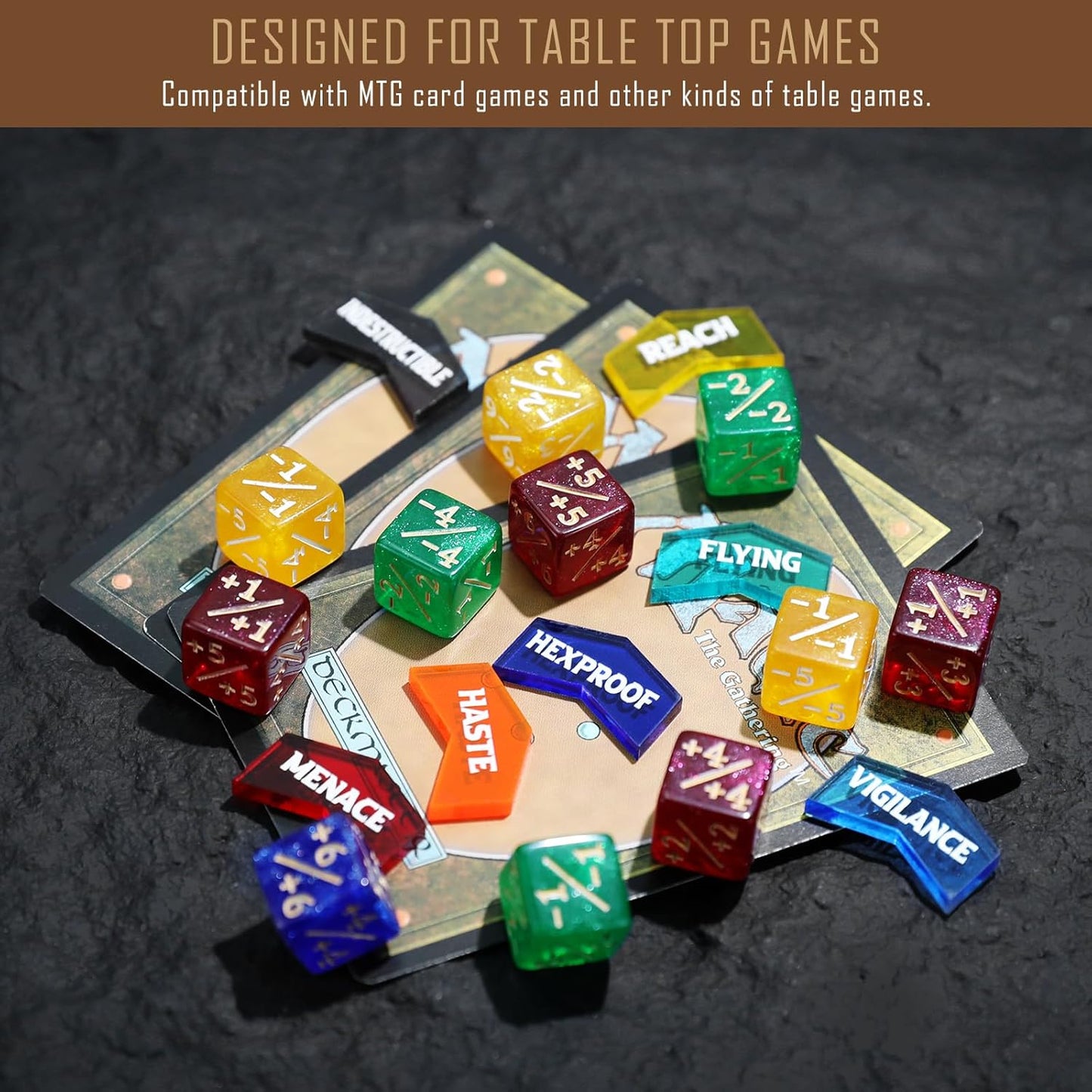 108PCS MTG Tokens & 12mm MTG Dice Set for Magic Card, Keyword Token Life Counters Dice with Box, Compatible with Magic CCG Card Gaming Accessories