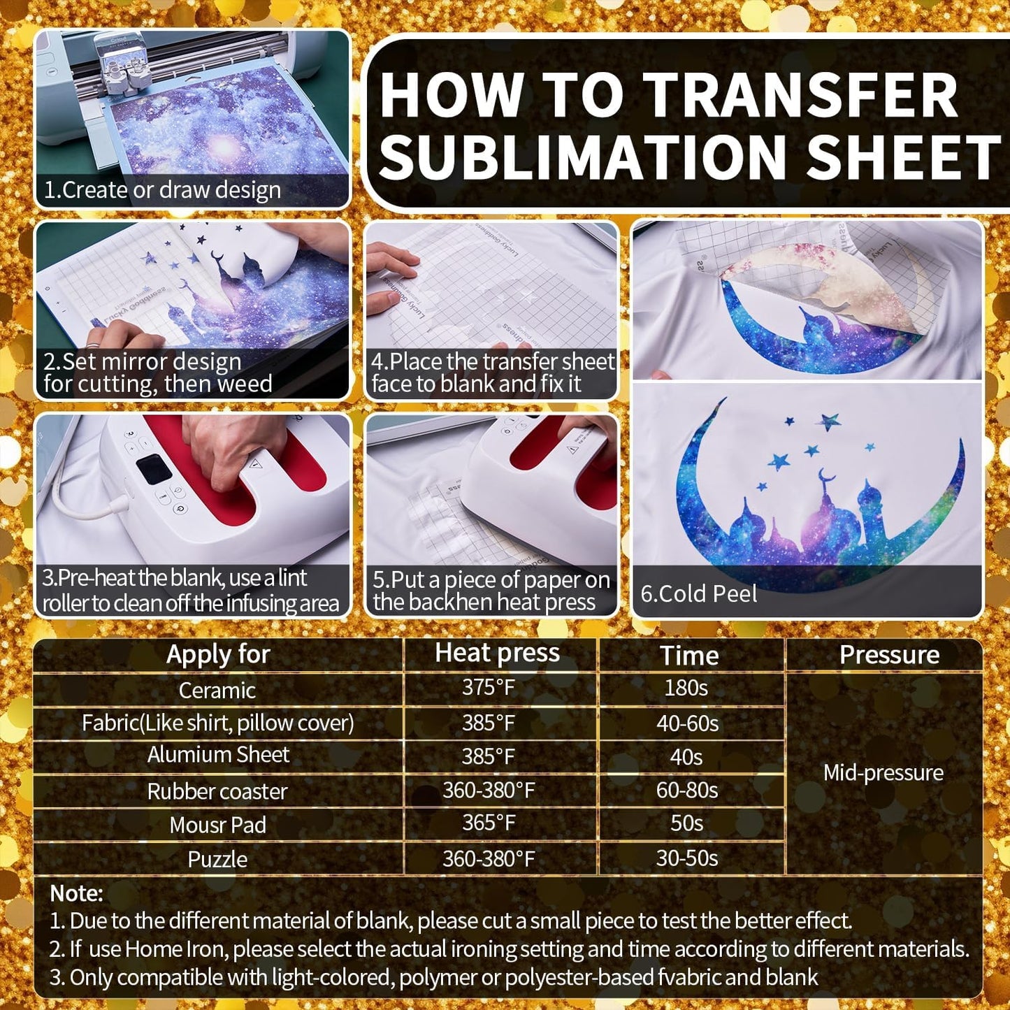 Gold Glitter Sublimation Transfer Sheets for Heat Press Machine,Orange Transfer Sheets for Sublimation Blanks Mug Tumbler T-Shirt Tote Bag,8 Sheets 12x12inch