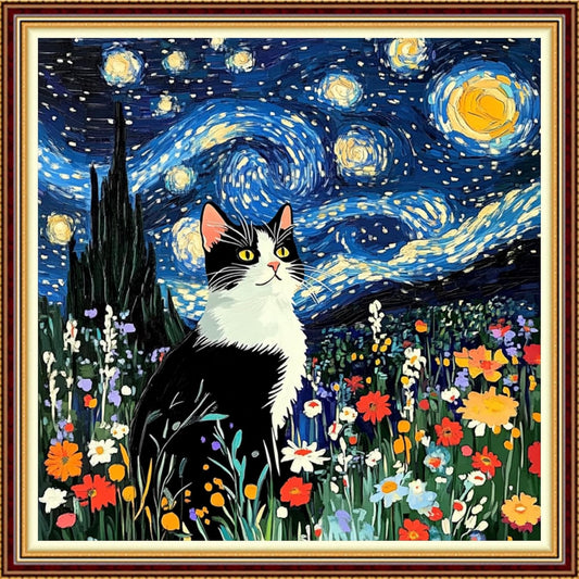 Hopeart Stamped Cross Stitch Kits for Beginner Embroidery Kits for Beginners Adults DIY 11CT Cross Stitch Patterns Needlepoint Kits Crossstitching Kits-Van Gogh Starry Cat 18x18 inch