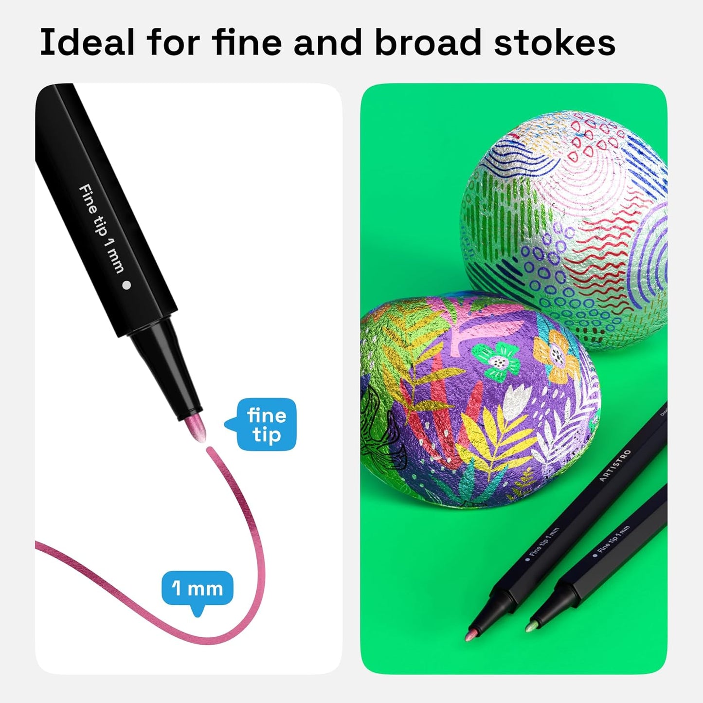 ARTISTRO 12 Metallic Markers with Fine Tip, Metallic Acrylic Paint Pens, Pre-Activated, for Kids & Adults, for Black Paper & Rocks
