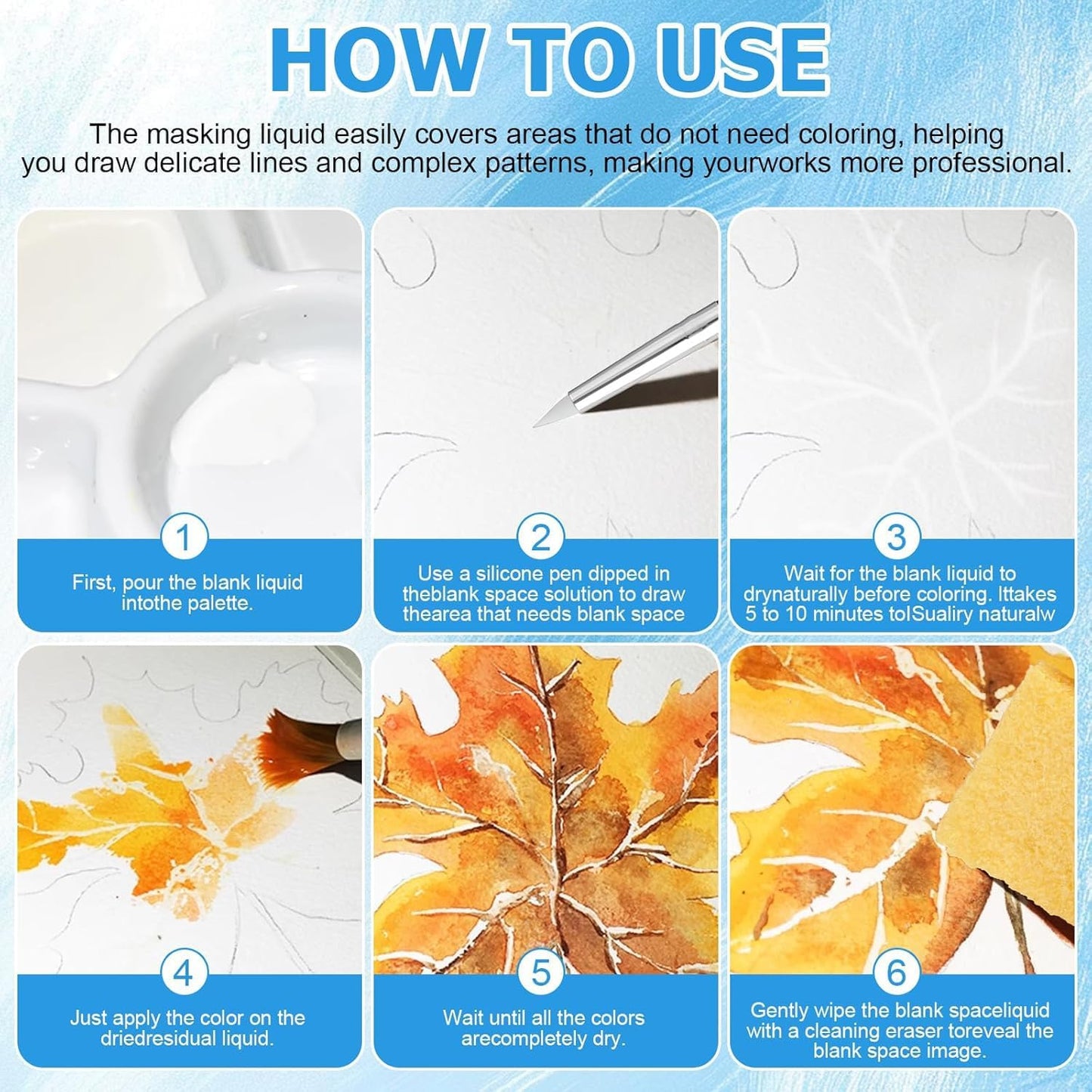 Watercolor Masking Fluid, Liquid Masking for Painting Watercolor Accessories with Silicone Pen Cleaning Brush Retouching and Covering for Painting and Various Art Projects Supplies,White 30ml