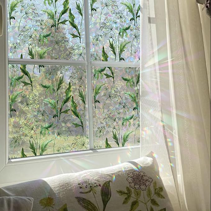 Rainbow Watercolor Green Leaves Window Film, Privacy Iridescent Static Cling Double-Sided Decals for Window Door Glass Decor, Wild Grass, 118.11" x 20.87"