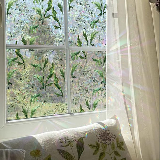 Rainbow Watercolor Green Leaves Window Film, Privacy Iridescent Static Cling Double-Sided Decals for Window Door Glass Decor, Wild Grass, 118.11" x 29.52"