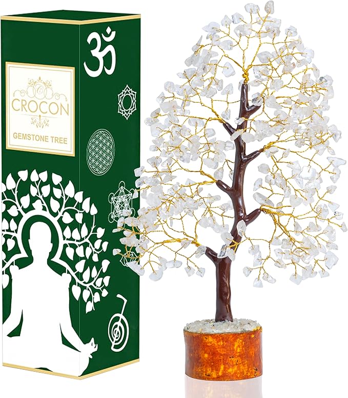 Crocon Clear Quartz Crystal Tree of Life - Chakra for Positive Energy, Feng Shui Decor - Gemstone Money Bonsai Tree, Good Luck Healing Crystals - Meditation Stones, Spiritual Unique Gift 10-12"