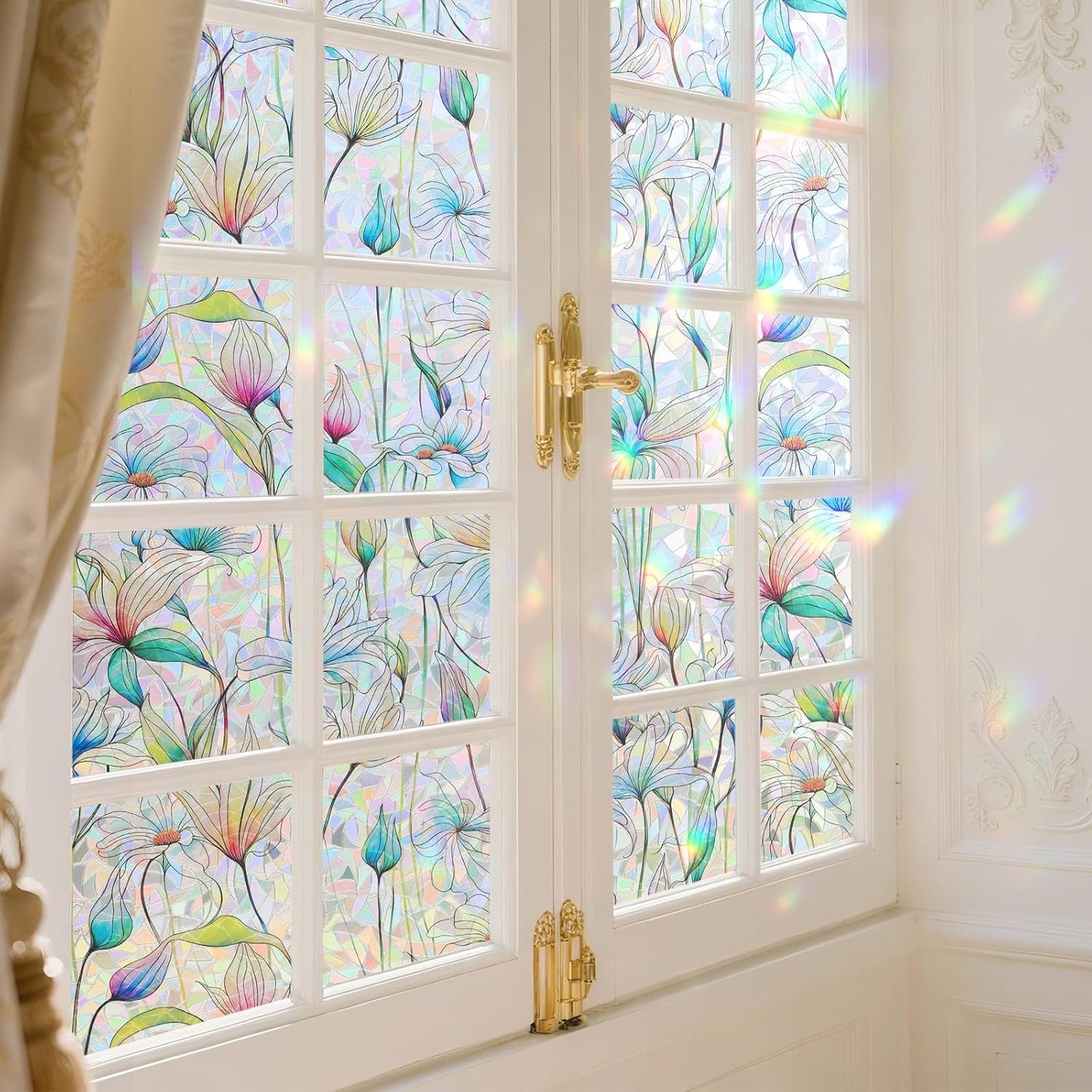 Donox Decorative Window Privacy Film, 3D Floral Stained Glass Window Film Static Cling Rainbow Privacy Sticker for Glass Door Heat Control Anti UV, No Adhesive (Magnolia,17.5 x 157.4 inches)