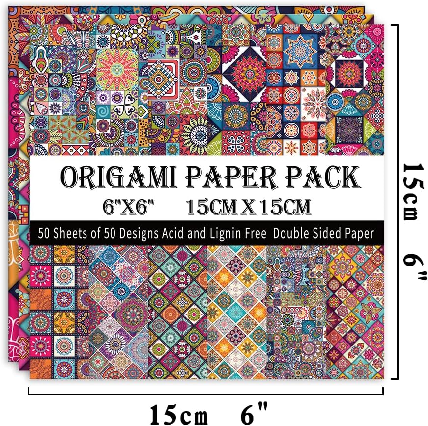 Origami Paper Kit 50 Sheets 70GSM 6 Inch Square Double Sided Color 50 Vivid Japanese Washi Chiyo Colors for Hand Crafts Origami Paper Arts Creativity.Ethnic Style
