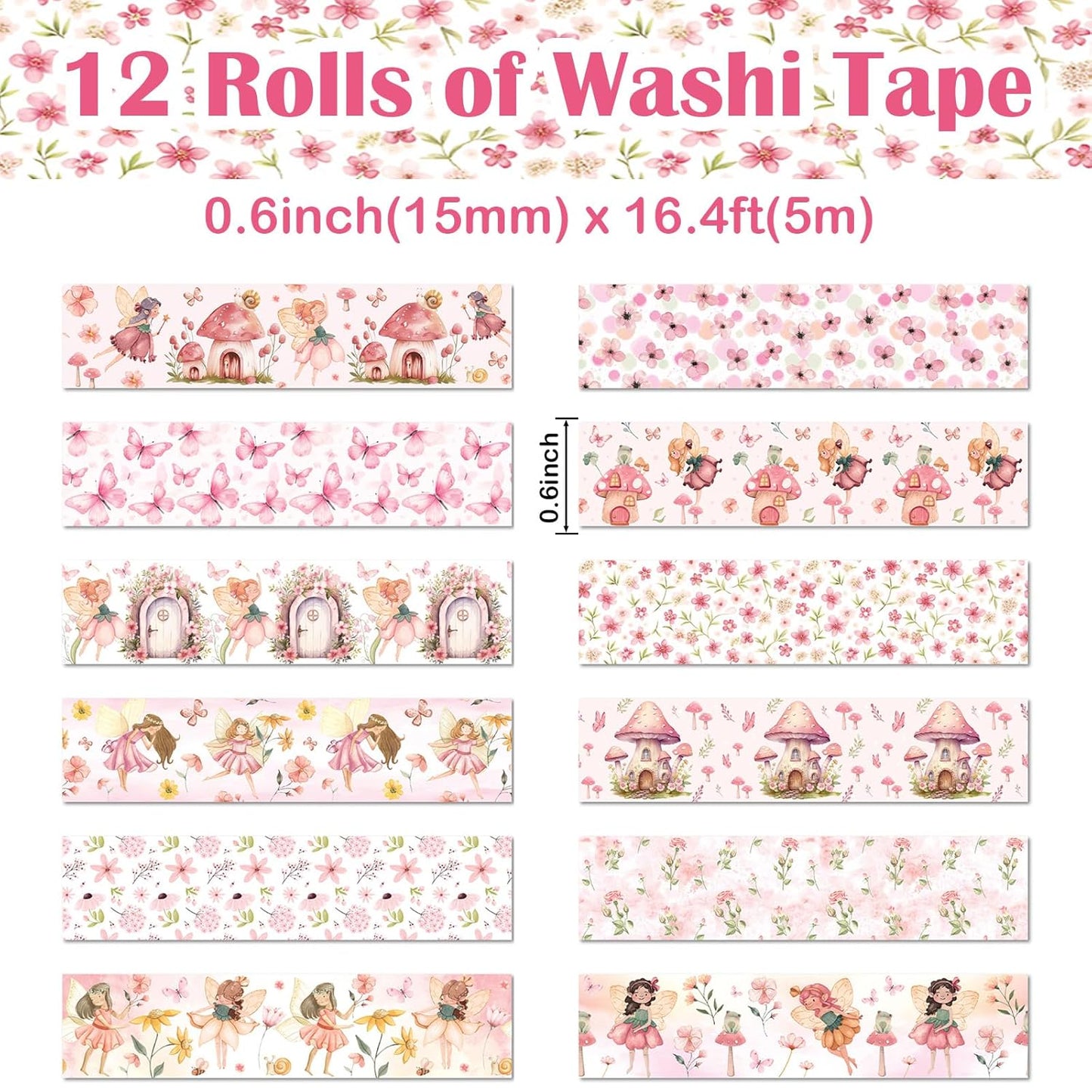 12 Rolls Fairy Washi Tape Set, Fairy Mushroom Butterfly Floral Decorative Tape, Pink Watercolor Masking Tapes for Scrapbooking Journaling Party Supplies, DIY Art Crafts, Gift Wrapping 16.4FT