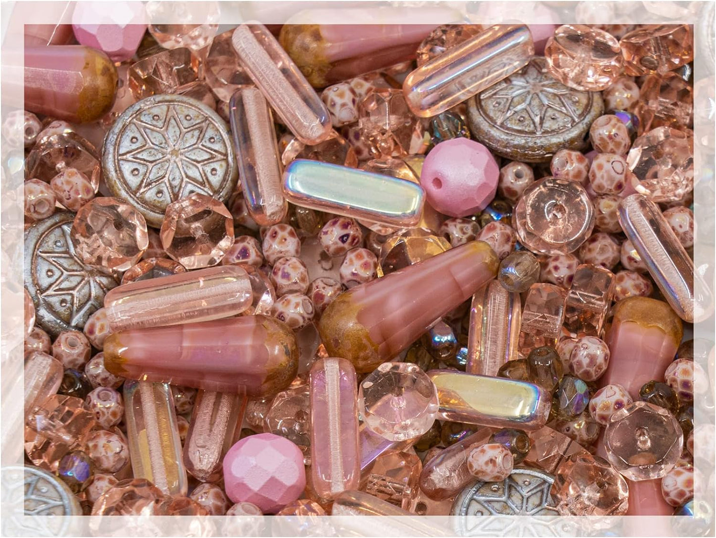 2.1oz (60 g) Mix of Unique Czech Bohemia Glass Pressed Beads, Dirty Pink Antique, Table Cut, Matte and Glossy, Faceted Fire Polish, Hand Made Set Kit BCV