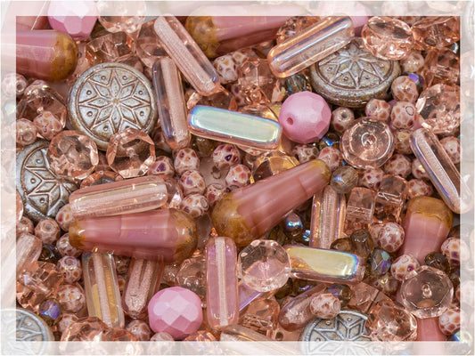 2.1oz (60 g) Mix of Unique Czech Bohemia Glass Pressed Beads, Dirty Pink Antique, Table Cut, Matte and Glossy, Faceted Fire Polish, Hand Made Set Kit BCV