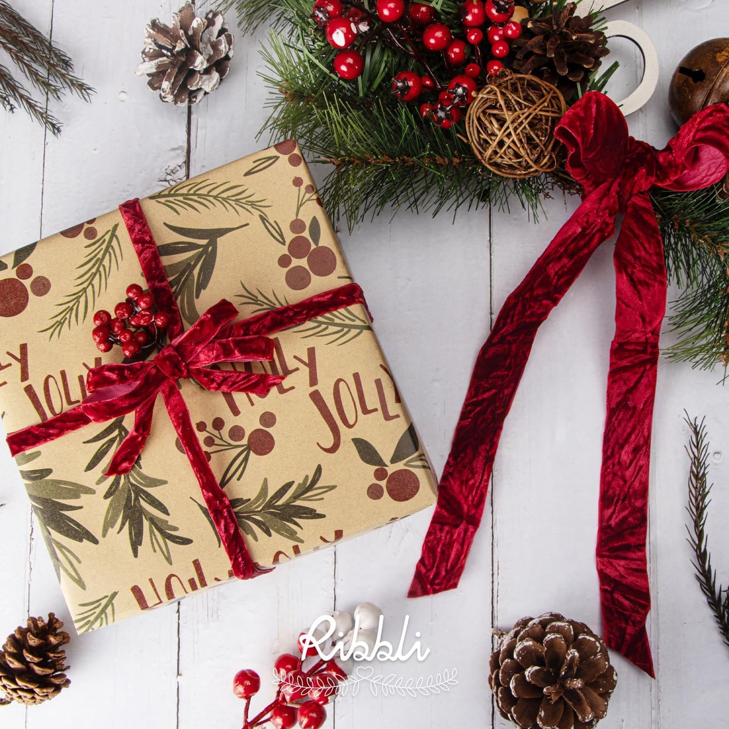 Ribbli Dark Red Velvet Ribbon 1 Inches Luxury Crinkled Red Christmas Ribbon for Gift Wrapping Crafts Home Decor-Continuous 10 Yard