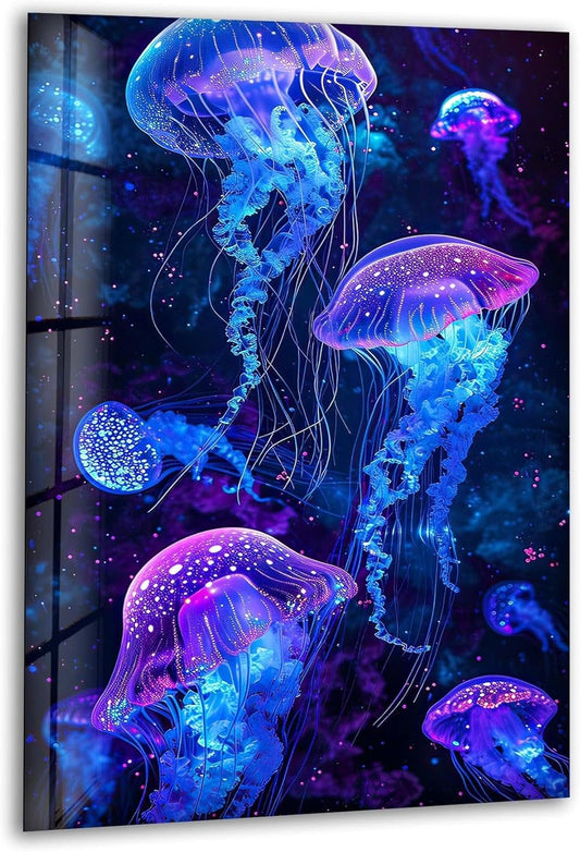 My Photostation.com 18Wx28H'' Glowing Jellyfish Glass Wall Art Tempered Glass Printing Wall Decor Large Wall Art Wall Hangings