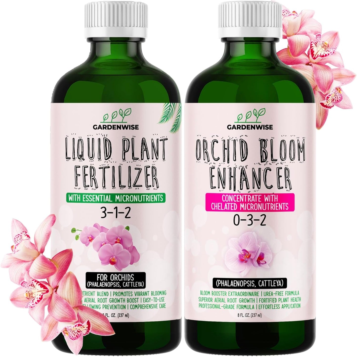 Orchid Fertilizer – Complete Orchid Plant Food Set 3-1-2 & 0-3-2 Liquid Fertilizers for Blooming, Root Growth – Optimal Orchids Care (2 x 8 OZ Bottles)