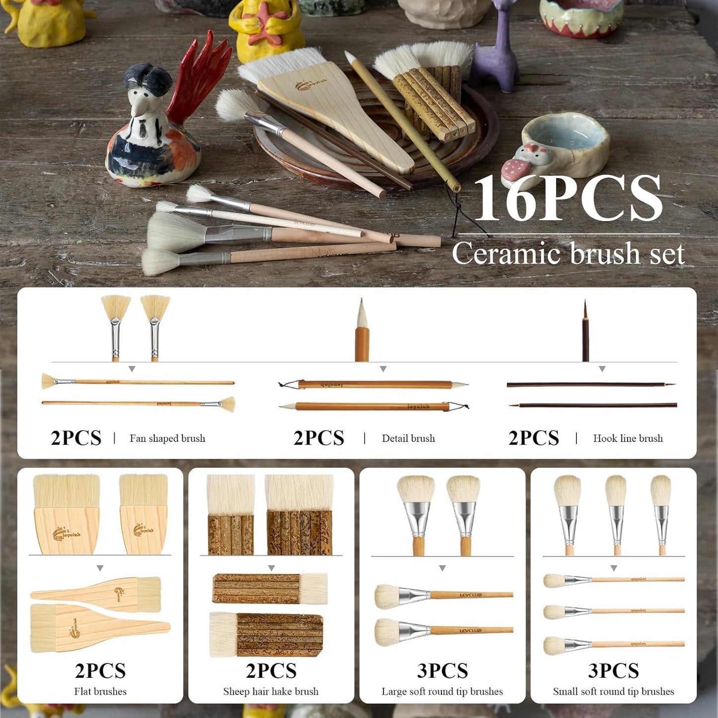 Pottery Glaze Brushes,16 PCS Painting Ceramic Brush Set, Different Shape Wool Soft Bristle for Ceramic Pottery Glazing Creation