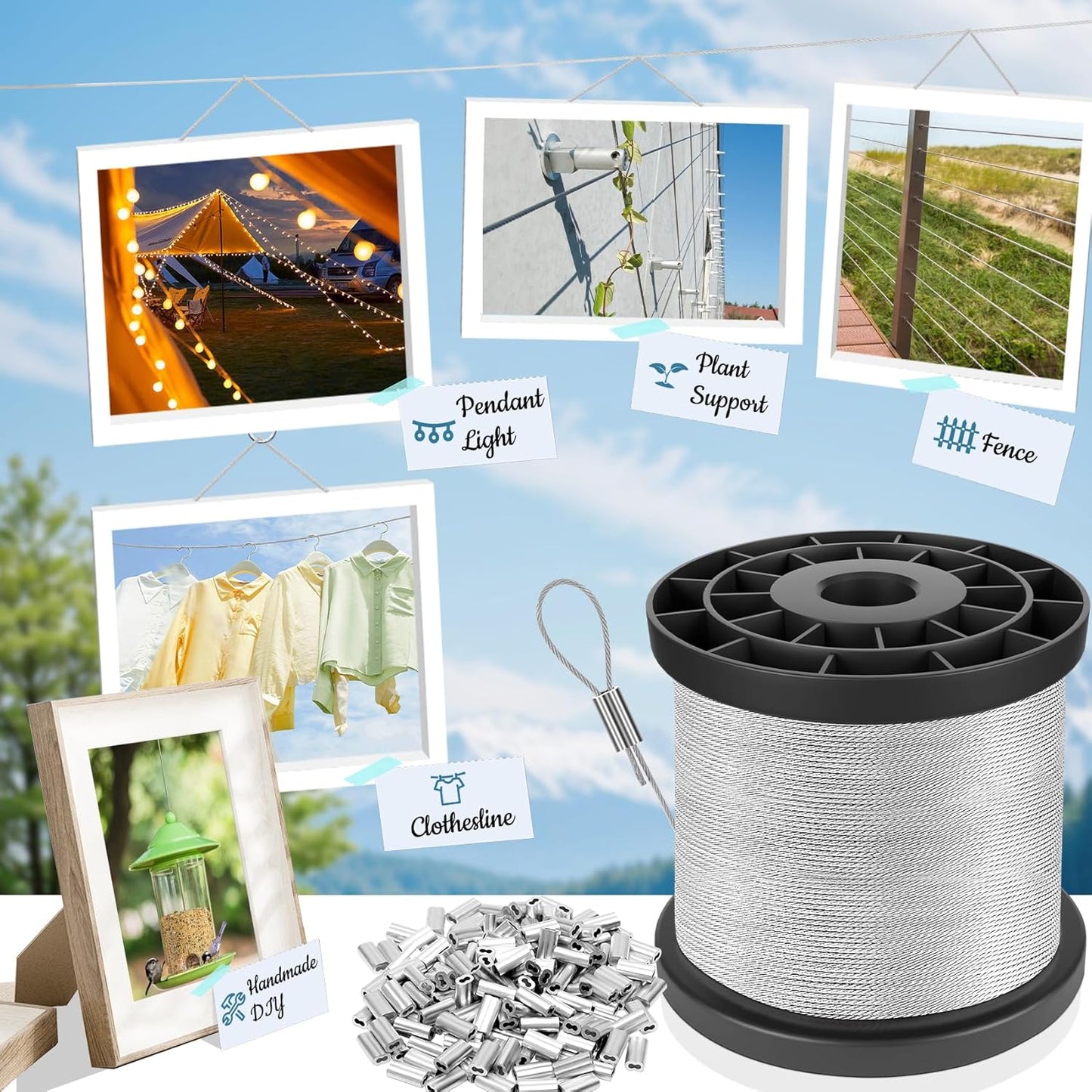 316 Stainless Steel Cable, 200FT 1/32IN Wire Rope with 50Pcs Aluminum Sleeves Stops, for String Lights Hanging, Clotheslines, Trellis Wire