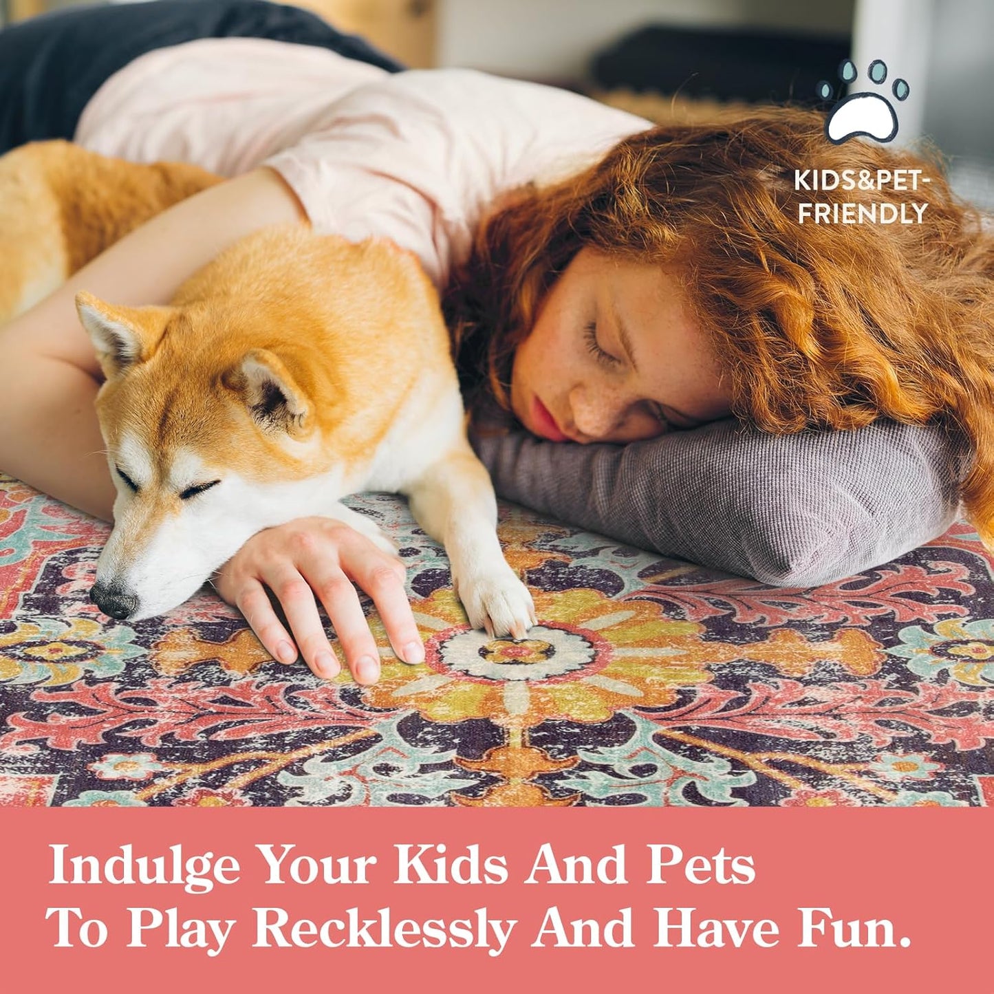 Lahome Bohemian Floral Medallion Round Rug - 3Ft Small Hot Pink Round Area Rug for Girls Bedroom Nursery Mat, Boho Washable Soft Indoor Throw Entryway Carpet for Living Room Office Coffee Table