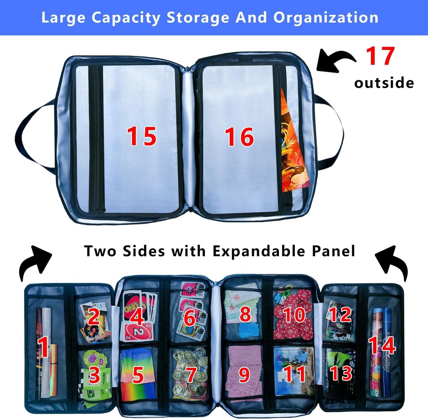 17-Pocket Board Game Organizer Carry Case - Storage & Travel Case for Games, Cards, Tokens, Dice Accessories.
